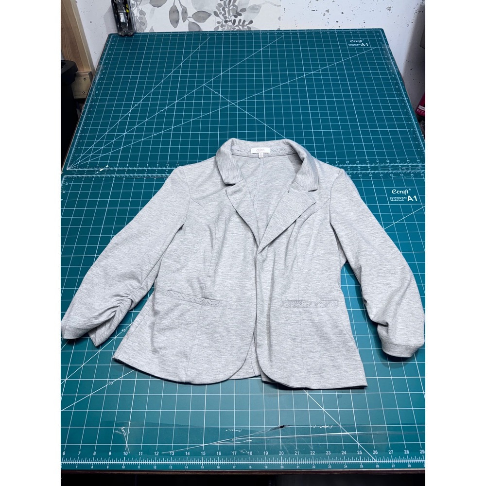 Candies Womens XL Light Gray Heathered Ruched 3/4 Sleeve Open Front Blazer Lace